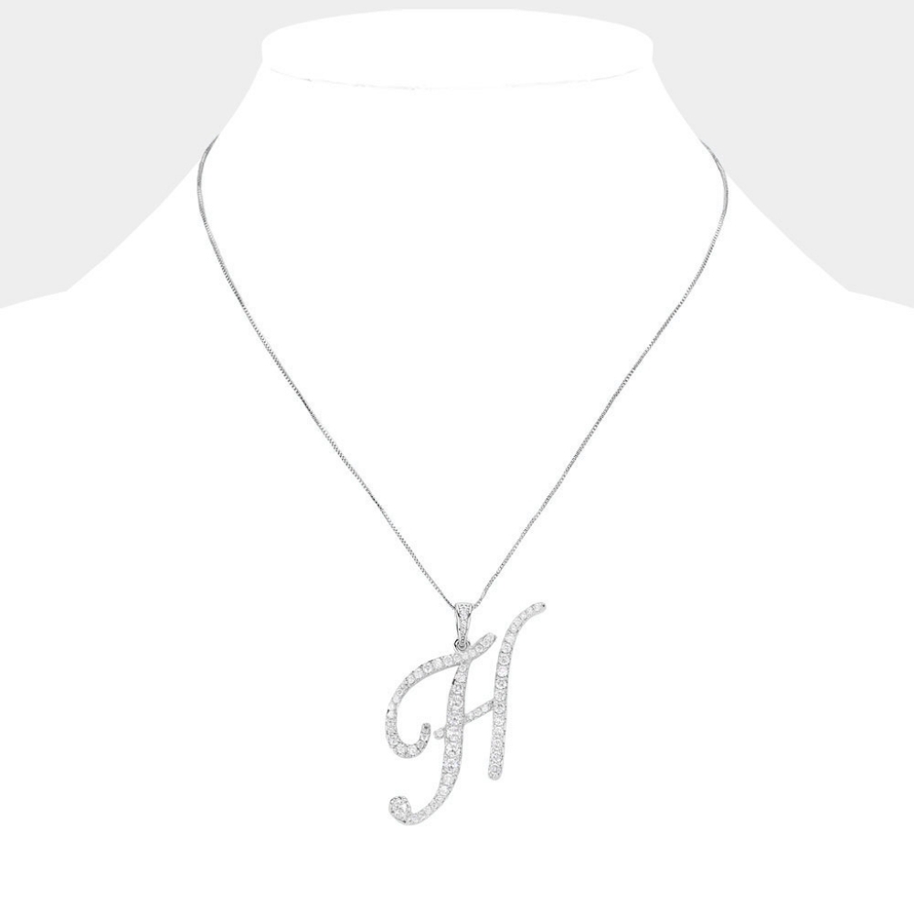 Silver H CZ Monogram Pendant Chain Necklace Rhinestone Crystal Initial Charm - Picture 5 of 5